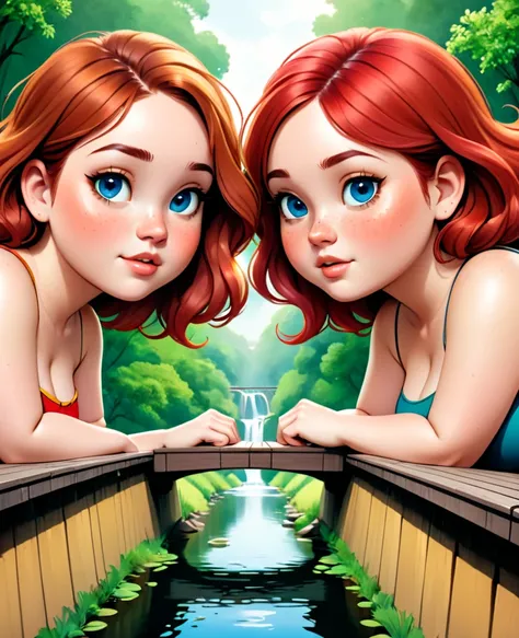 parallel worlds, Chubby, freckled red-haired girls with golden highlights creating a bridge to both worlds 