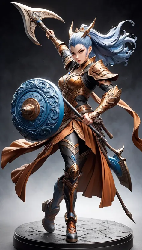 Fusing several styles to create a new style, 
Combining several techniques to create delicate and bold compositions, 
warrior woman with an axe bigger than her, dynamic pose
detailed and realistic texture,  professional artwork , Fine spray work, Powder co...