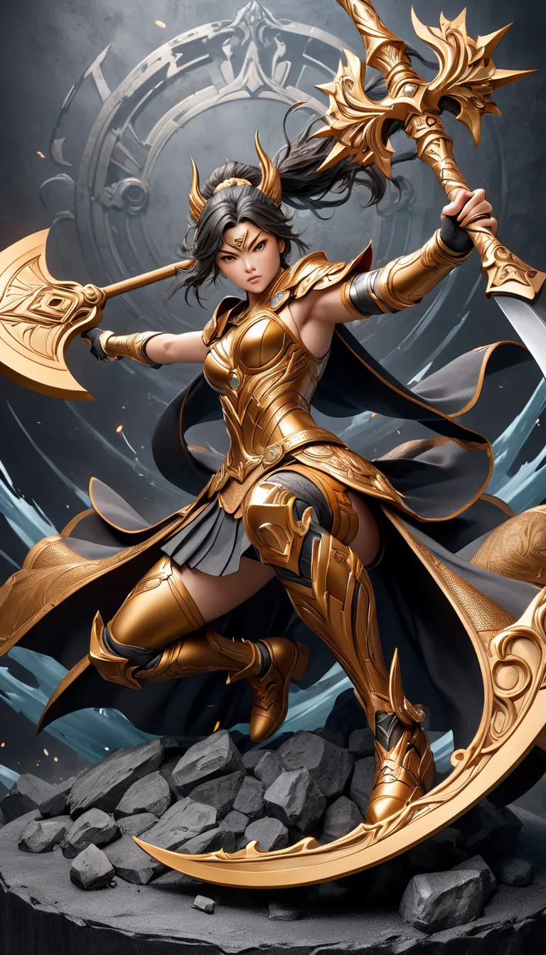 Fusing several styles to create a new style, 
Combining several techniques to create delicate and bold compositions, 
warrior woman with an axe bigger than her, dynamic pose
detailed and realistic texture,  professional artwork , Fine spray work, Powder co...