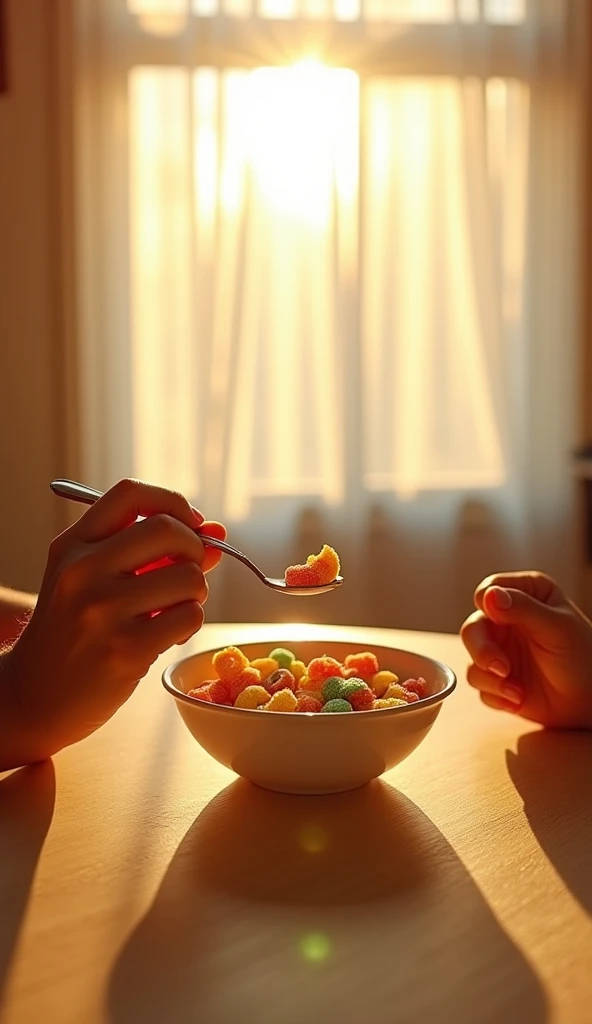 Capture an 8K resolution image focusing solely on the arms of a human eating colorful cereal from a bowl with milk, placed on a table. The scene should evoke a nostalgic 1998 vibe. In the background, include a window with a sheer, transparent curtain, wher...