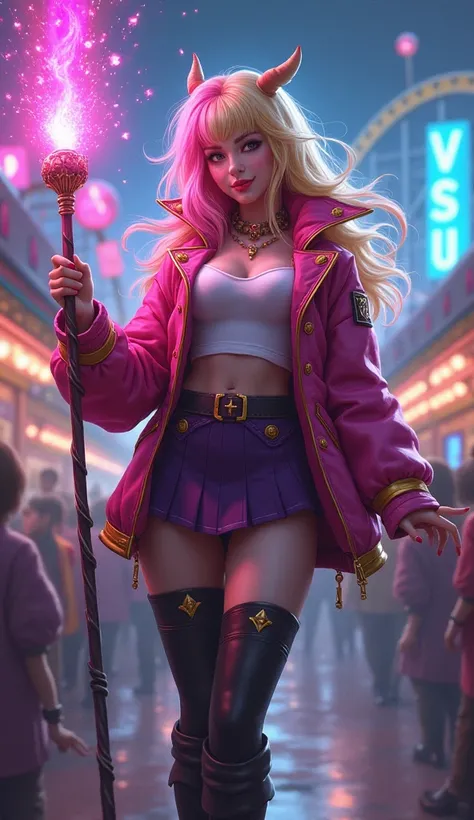 A highly detailed, playful-yet-dangerous female character standing in a chaotic carnival scene. She wears a vibrant pink-and-gold jacket with a dark purple skirt, matched with high boots. Her hair is split down the middle, with one side dyed pink and the o...