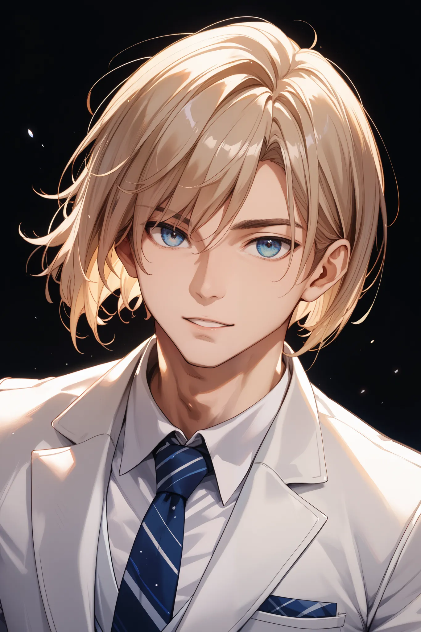  Hair、 bob cut 、 male、White suit、 tie。 simple black background。 bust up shot。 full body。Her hair color is brown.。