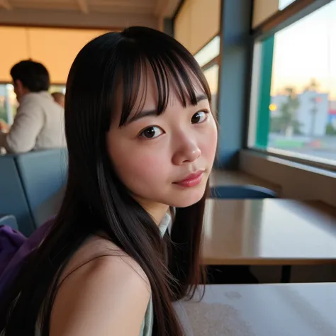 adolescent, 1 girl, Selfie, from side, Seeing beyond the horizon, makeup,  eyeliner , small nose,  Idol , thin , slanted eyes,  big eyes, full fringe on the right side ,  youthful appearance ,  black hair , details eyes ,  Iris , smiling,  smile,  youthful...