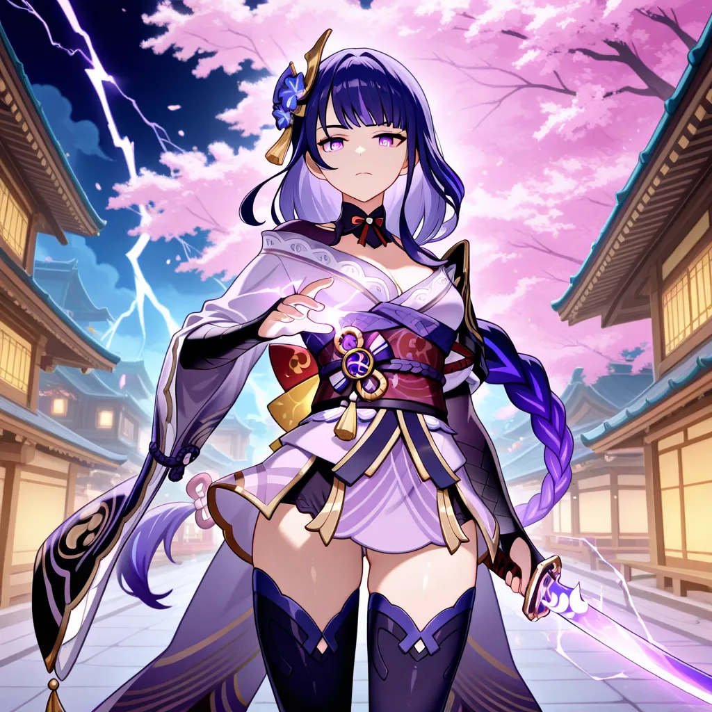 masterpiece, best quality, amazing quality, a girl, The Raiden Shogun from the genshin impact game, must be in a confident and badass pose, with a serious face and eyes shining with purple rays showing her electric power like in the genshin impact game. It...