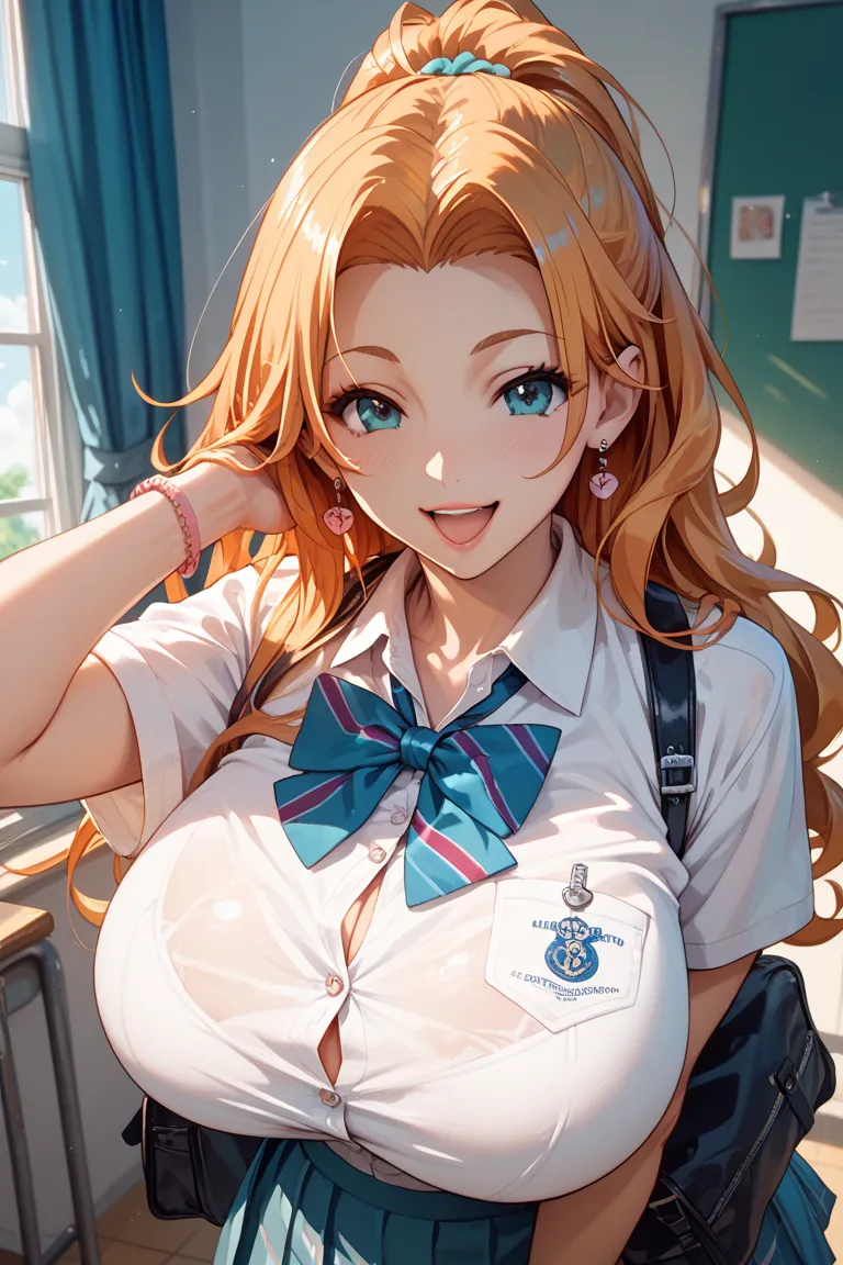 Huge Breasts Matsumoto Rangiku　Wear a School Uniform and Ponytail　Happy Big Cock and Blow Job