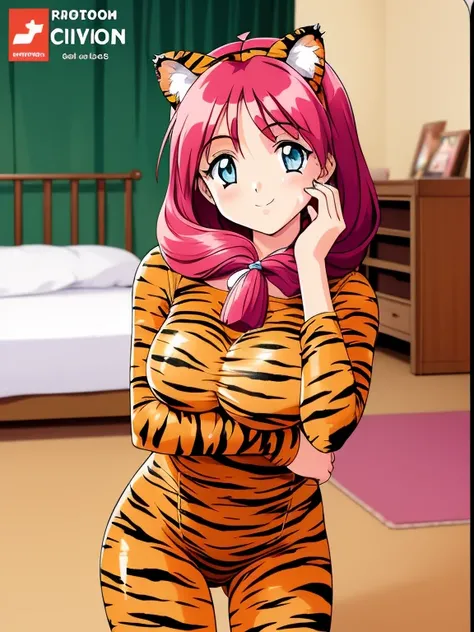  one girl ,  only girls with red hair  ,  cute smiles  ,  blue eyes ,  long hair , straight hair , There is no hair around the neck ,  accurately  , , look straight here , full color 、 leotard、tiger print catsuit、Put on cat ears、 big boobs、Room、Bend your r...