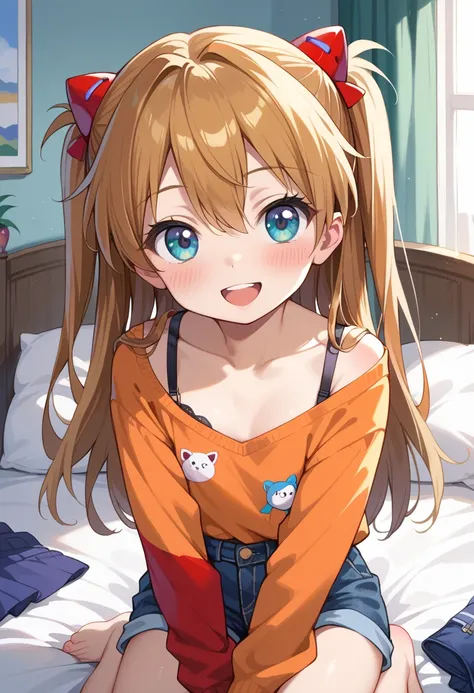 ((TOP QUALITY)), ((masterpiece)), (be familiar with),  perfect face, indoors, bedroom, watching viewers,
One woman, Soryu Asuka Langley,
 open mouth, ecstatic expression, blush, smile,
 small tits,  flat chest, Young girl,  lori,  ,  girl,
 long hair, two ...