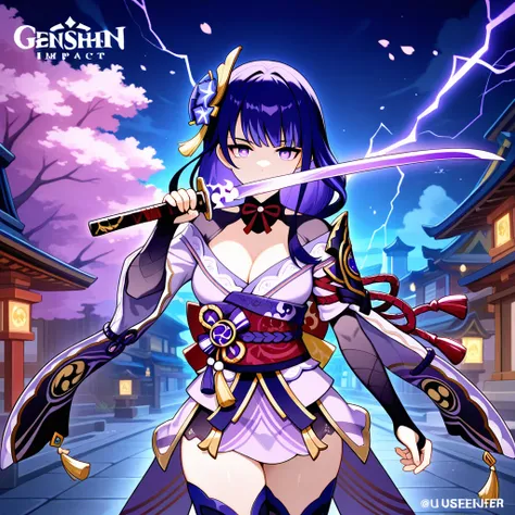 masterpiece, best quality, amazing quality, a girl, The Raiden Shogun from the genshin impact game, must be in a confident and badass pose, with a serious face and eyes shining with purple rays showing her electric power like in the genshin impact game. It...