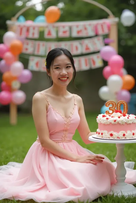 professional photography of the birthday celebration of a 22year old Asian woman wearing a beautiful party dress, sitting on the grass filled with balloons and birthday decorations with the number 22 and the words "Happy Birthday kuncup", there is a birthd...