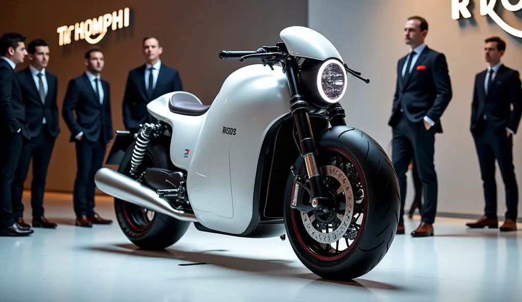 A futuristic 2025 Triumph Bonneville Bobber motorcycle in a sleek, full-white color is showcased in a modern indoor showroom, exuding sophistication and innovation. The motorcycle is partially covered with a branded Triumph cloth, building anticipation as ...