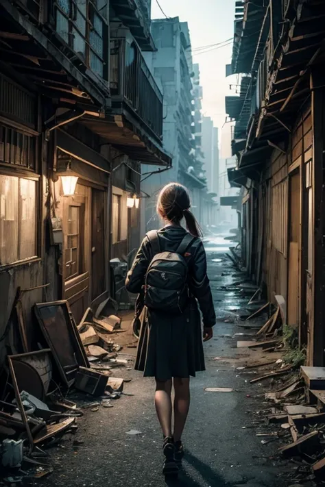  abandoned city , isolated area, researcher, frightened gaze,  one girl, path search, backpack on the back , evening, portrait
HD, contract,4K, Ultra-high quality parts, dynamics,  movement, wind