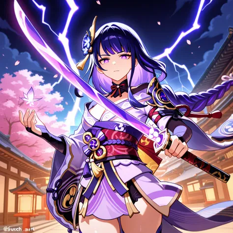 masterpiece, best quality, amazing quality, a girl, The Raiden Shogun from the genshin impact game, must be in a confident and badass pose, with a serious face and eyes shining with purple rays showing her electric power like in the genshin impact game. It...