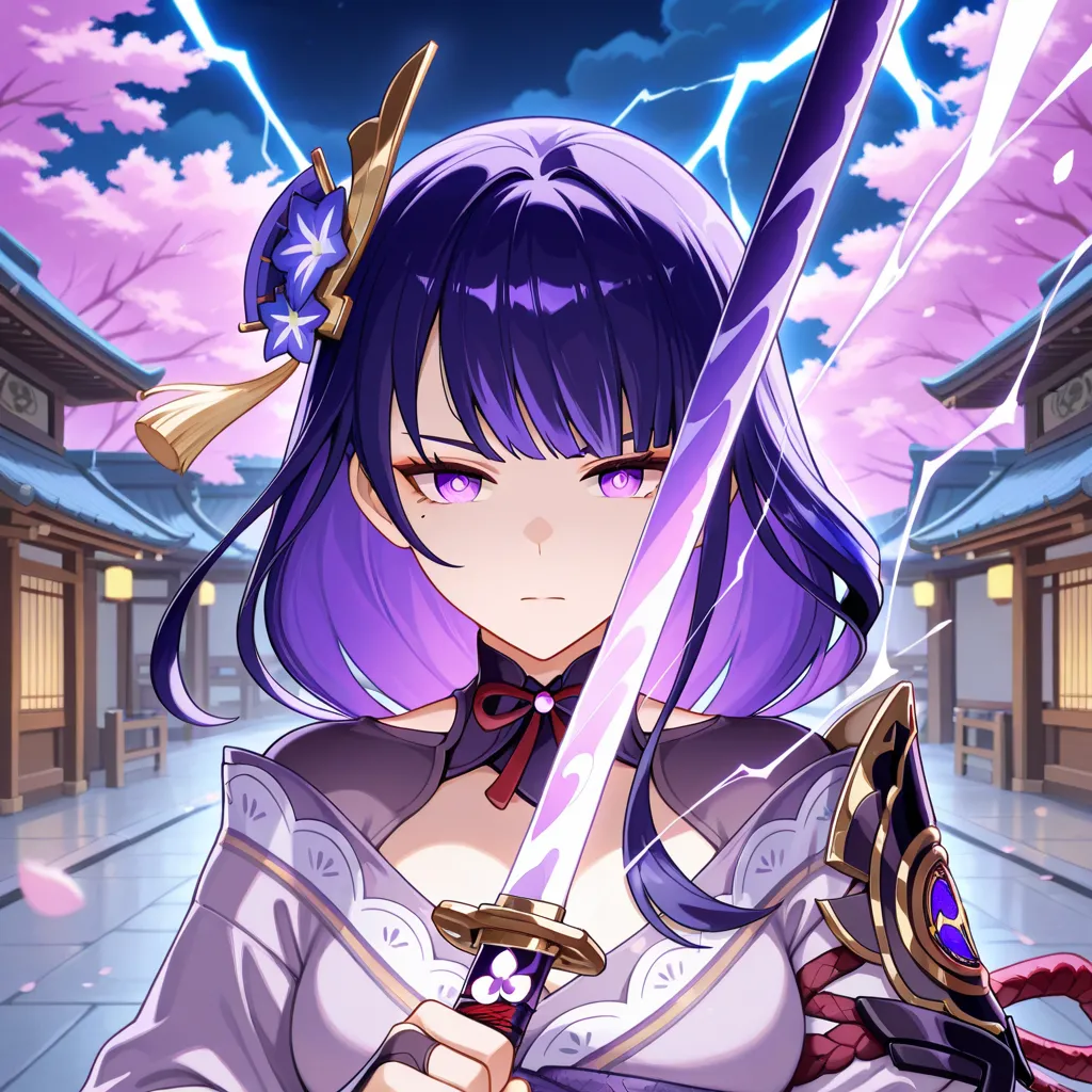 masterpiece, best quality, amazing quality, a girl, The Raiden Shogun from the genshin impact game, must be in a confident and badass pose, with a serious face and eyes shining with purple rays showing her electric power like in the genshin impact game. It...