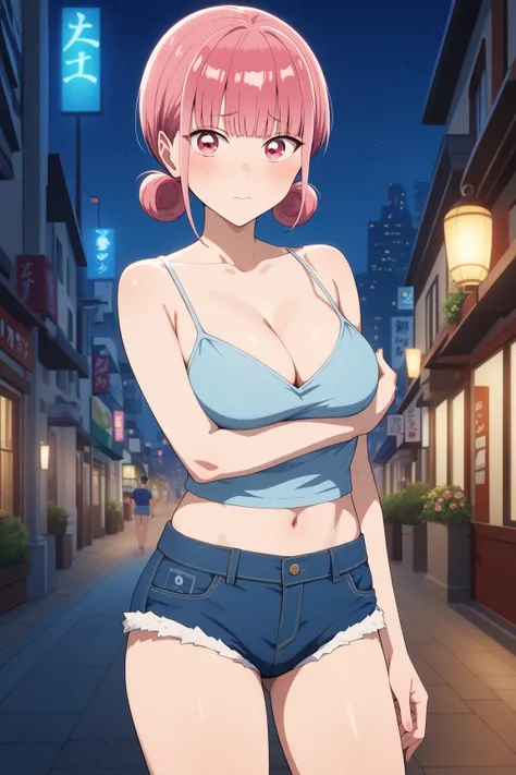 masterpiece,best quality,{{detailed beautiful face and eyes}}, very detailed background,
Hina Chouno,{{{megami magazine}}},short hair,pink hair,double hair bun,bangs,blunt bangs,sidelocks,pink eyes,medium breasts,
camisole, bare shoulders, cleavage, crop t...