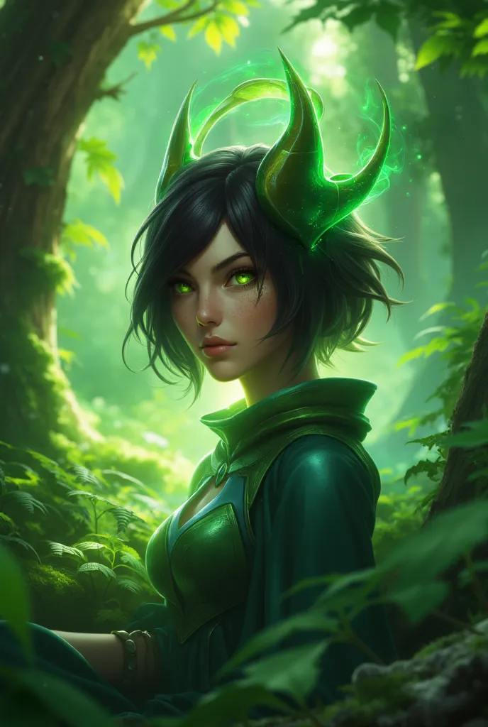 1girl, human, beautiful, short dark hair, green eyes, Fused with Kai'Sa from league of legends, Forest, fantasy forest. Trees, greenery, scenery. Detailed forest. 