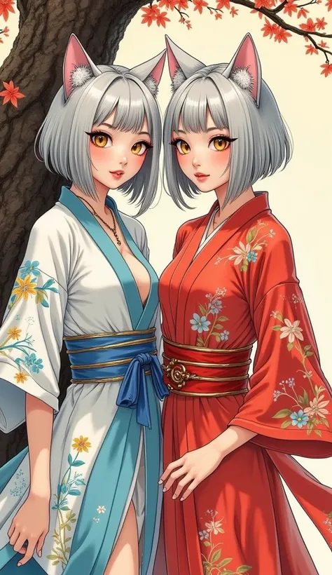 Detailed proportions and textures and multi-color with airbrushed brush strokes that presents a semi-realistic illustration in Chinese ink a gemini twins(full and slender body, with shy pose, playful look, bright yellow eyes, defined eyebrows, long eyelash...