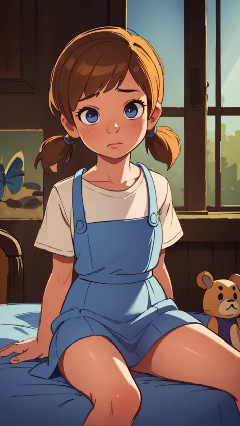 1girl, brown hair, short hair, twintails, short twintails, blue dress, short sleeves, brown mary janes, sitting on bed, stuffed toy, stuffed animal, beautiful detailed eyes, beautiful detailed lips, extremely detailed eyes and face, long eyelashes, (best q...