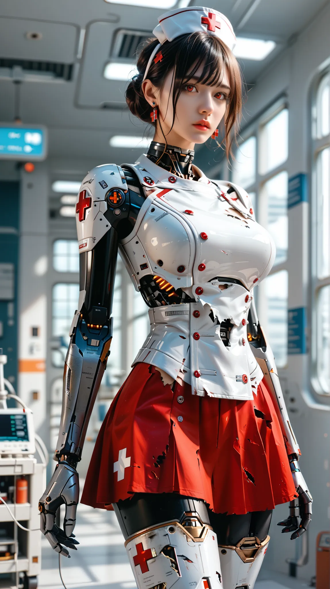 (((masterpiece))), (realism, realism texture, (science fiction, distant future), (top Quality, High Quality, top resolution, high resolution, (ultra detailed, high detailed))), (beautiful nurse robot woman, woman is incredible machine:1.2), (beautiful face...