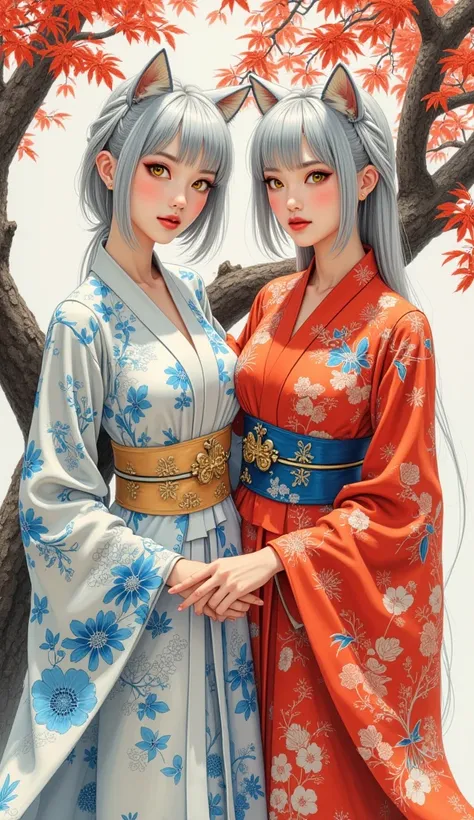 Detailed proportions and textures and multi-color with airbrushed brush strokes that presents a semi-realistic illustration in Chinese ink a gemini twins(full and slender body, with shy pose, playful look, bright yellow eyes, defined eyebrows, long eyelash...