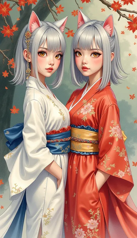 Detailed proportions and textures and multi-color with airbrushed brush strokes that presents a semi-realistic illustration in Chinese ink a gemini twins(full and slender body, with shy pose, playful look, bright yellow eyes, defined eyebrows, long eyelash...