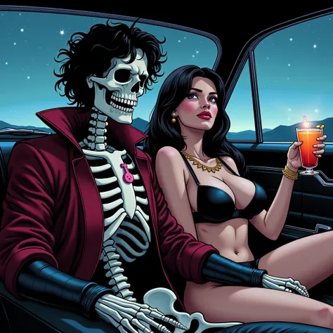 comic, anime, skeleton dude with medium length curled black hair with dark red wool college jacket and black leather sleeves, and a small pink plectrum necklace in a old Greenlight Chevrolet Impala Sport Sedan at night, on the passenger seat a sexy black h...