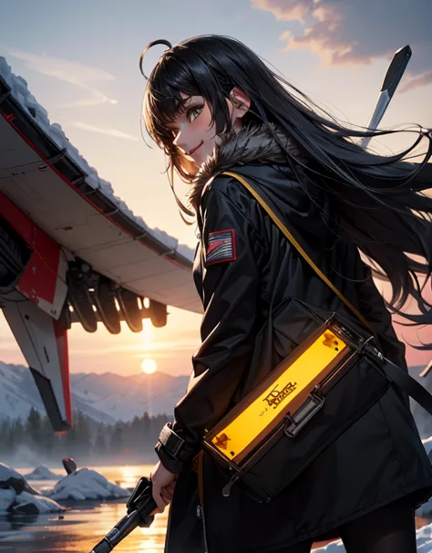 long hair down to the back, black winter coat, warm smile, yellow eyes, masterpiece, 4k, Digital art, murder drones 