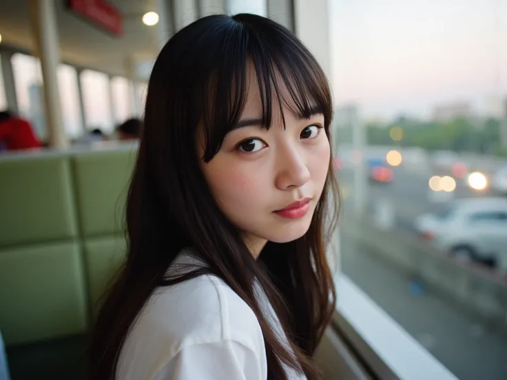 adolescent, 1 girl, Selfie, from side, Seeing beyond the horizon, makeup, eyeliner, small nose,  Idol , thin , slanted eyes,  big eyes, Full bangs on the right side ,  youthful appearance ,  black hair , details eyes ,  Iris , smiling,  smile,  youthful ap...