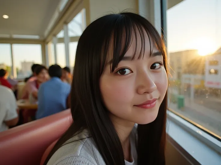 adolescent, 1 girl, Selfie, from side, Seeing beyond the horizon, makeup,  eyeliner , small nose,  Idol , thin , slanted eyes,  big eyes, Full bangs on the right side ,  youthful appearance ,  black hair , details eyes ,  Iris , smiling,  smile,  youthful ...