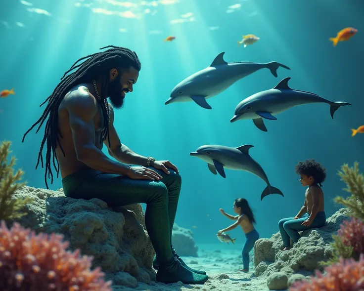 A realistic underwater scene, a dark skinned muscular merman sits on a coral surface. The merman has long black dreads and a long beard  He looks down with a smile on his face at a group of merchildren playing with baby dolphins below him. Two dark skinned...