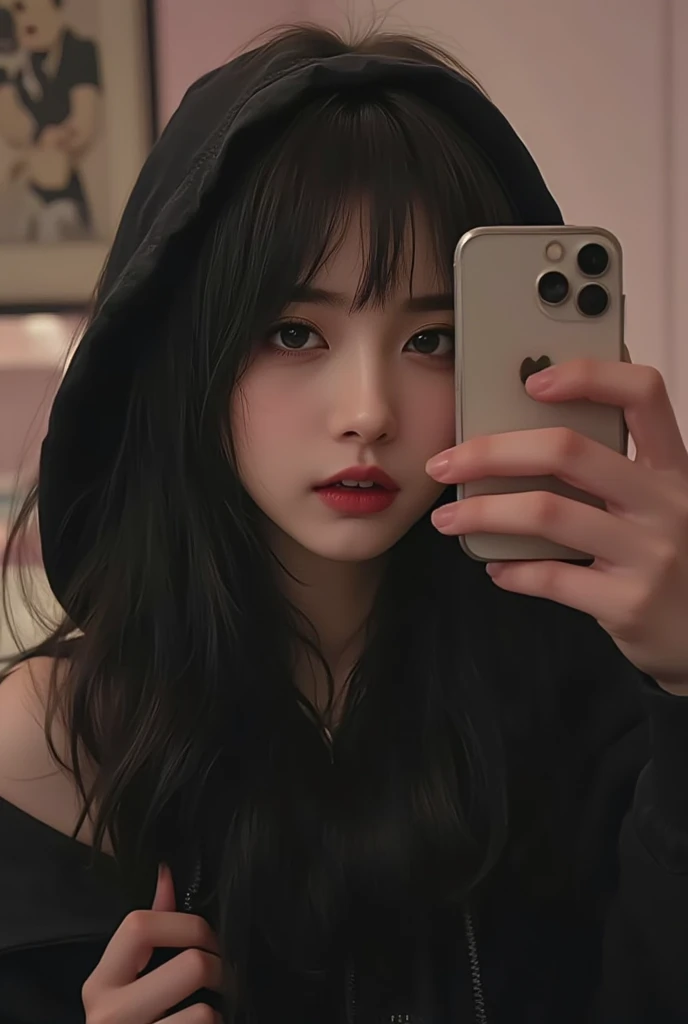 big breast asian girl with makeup in hoodie fringe hairstyle taking selfie with iphone 15