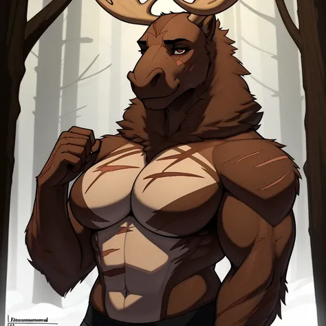 Giant_muscular_moose female brown_furry_body brown_eyes very_fluffy scars misty_breath foggy_forest solo Masterpiece best_quality absurdres highly_detailed cleanly_drawn_eyes anthro_only by_claweddrip, by_greasymojo, by_underscore-b, by_runawaystride