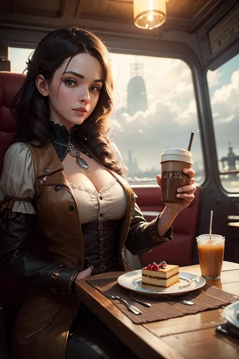 " steampunk,  cloud girl ,  Masterpiece , detailed details, One woman,   short dark hair , Путешественник в стиле  steampunk, a cheerful young woman is drinking coffee in a cafe, (there are no cups on the table  ),  on the table there is a plate of cake an...