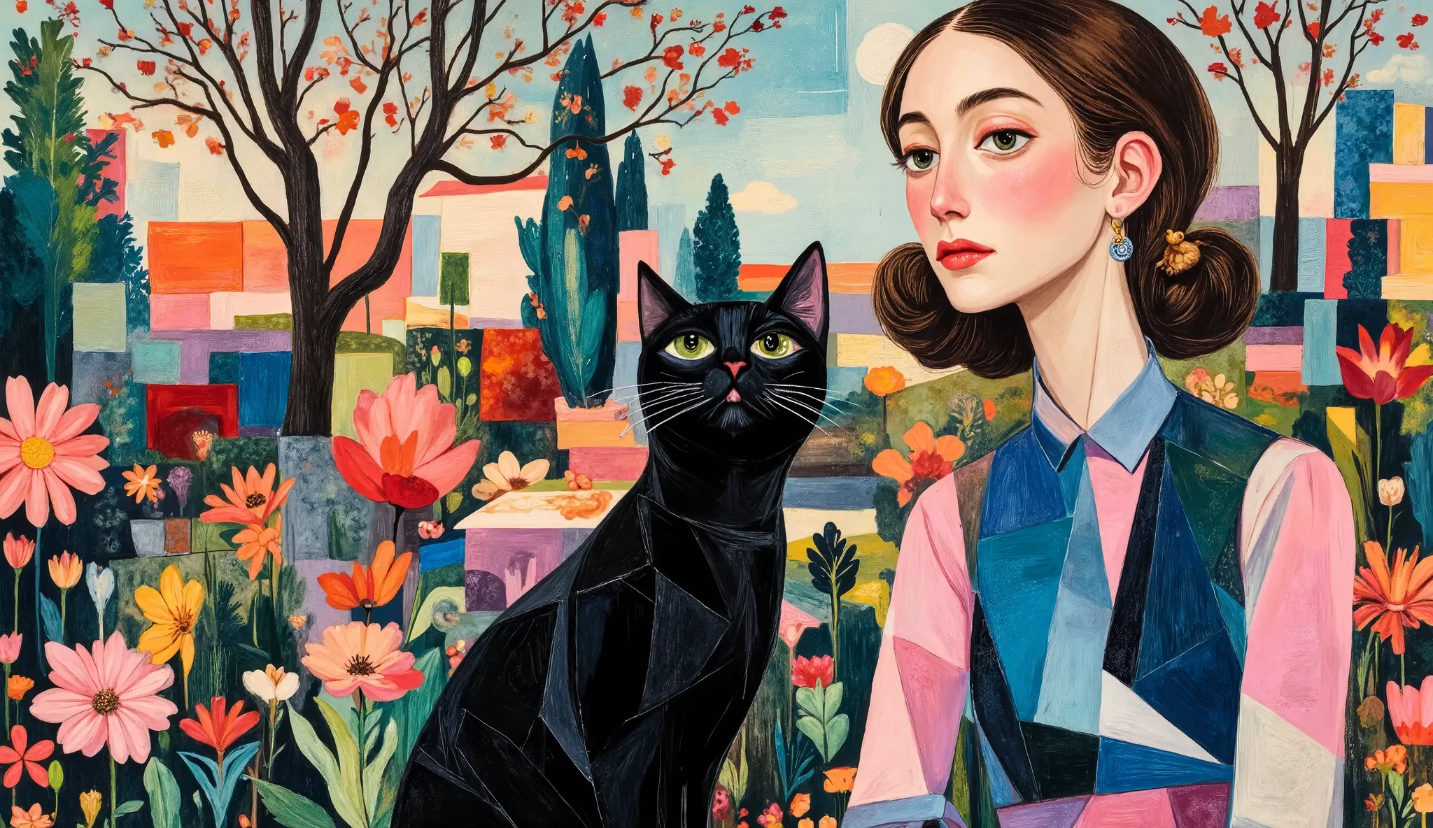 The cat and its owner in a cubist dreamscape garden. A quirky black cat with angular, geometric shapes and mismatched eyes sits next to its owner, a young woman depicted in a fragmented, Picasso-inspired style. Her face is shown in multiple perspectives si...