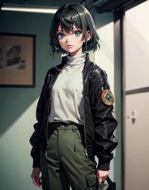 ((Masterpiece, Highest quality)), Detailed face, Black and white,, a girl in a black jacket and green Cargo pants standing, wearing Cargo pants, a green colored bomber jacket, Cargo pants , wearing dark green bomber jacket, black bomber jacket, black rugge...