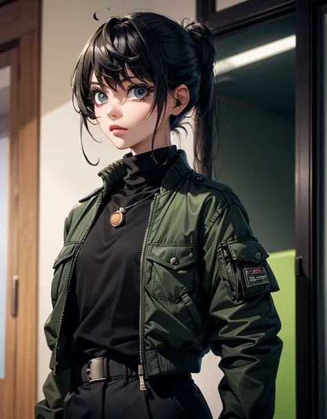 ((Masterpiece, Highest quality)), Detailed face, Black and white,, a girl in a black jacket and green Cargo pants standing, wearing Cargo pants, a green colored bomber jacket, Cargo pants , wearing dark green bomber jacket, black bomber jacket, black rugge...