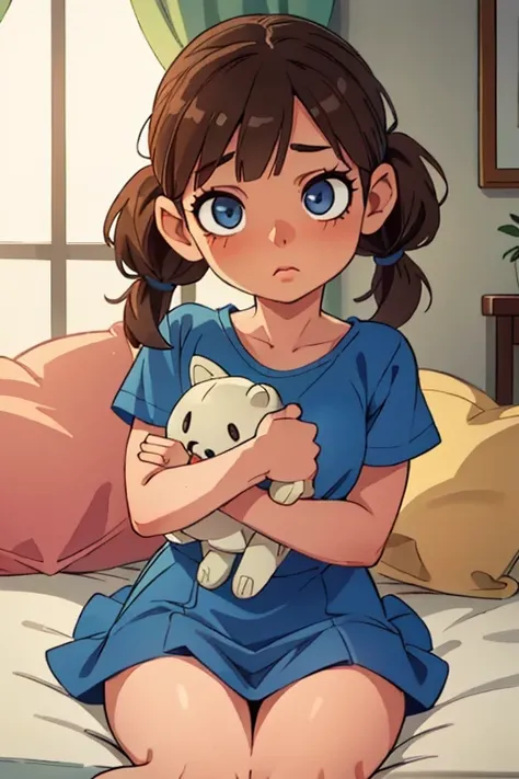 1girl, brown hair, short hair, twintails, short twintails, blue dress, short sleeves, brown mary janes, sitting on bed, stuffed toy, stuffed animal, beautiful detailed eyes, beautiful detailed lips, extremely detailed eyes and face, long eyelashes, (best q...