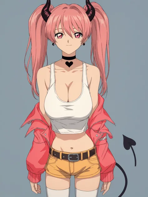 score_9, score_8_up, score_7_up, score_6_up, score_5_up,
1girl, solo, breasts, tail, pink_hair, horns, demon_tail, shorts, jacket, twintails, large_breasts, smile, looking_at_viewer, long_hair, navel, choker, black_background, pink_eyes, short_shorts, belt...