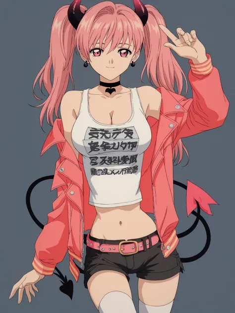 score_9, score_8_up, score_7_up, score_6_up, score_5_up,
1girl, solo, breasts, tail, pink_hair, horns, demon_tail, shorts, jacket, twintails, large_breasts, smile, looking_at_viewer, long_hair, navel, choker, black_background, pink_eyes, short_shorts, belt...