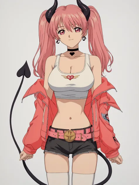 score_9, score_8_up, score_7_up, score_6_up, score_5_up,
1girl, solo, breasts, tail, pink_hair, horns, demon_tail, shorts, jacket, twintails, large_breasts, smile, looking_at_viewer, long_hair, navel, choker, black_background, pink_eyes, short_shorts, belt...