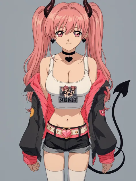 score_9, score_8_up, score_7_up, score_6_up, score_5_up,
1girl, solo, breasts, tail, pink_hair, horns, demon_tail, shorts, jacket, twintails, large_breasts, smile, looking_at_viewer, long_hair, navel, choker, black_background, pink_eyes, short_shorts, belt...