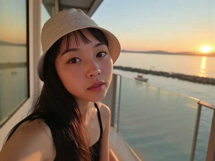 adolescent, 1 girl, Selfie, from side, Seeing beyond the horizon, makeup, eyeliner, small nose,  Idol , thin , slanted eyes,  big eyes, full fringe on the right side ,  youthful appearance ,  black hair , details eyes ,  Iris , smiling,  smile,  youthful a...