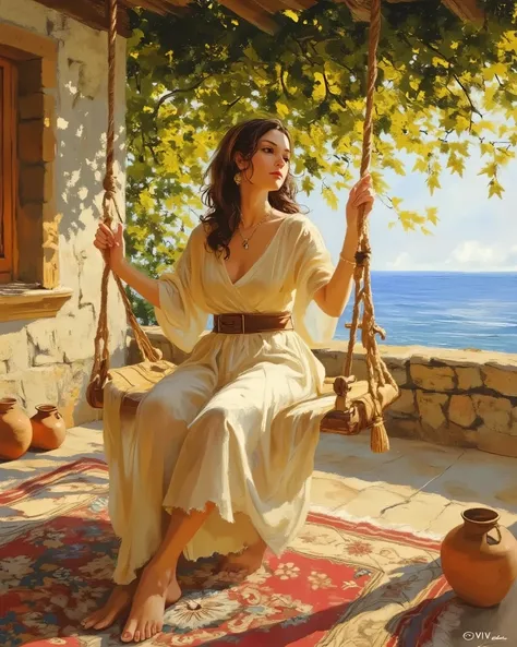  oil painting, V.V.  style,   . Beautiful Girl, summer clothes, ((( Beautiful Italian-African girl )))Sitting on a swing set on the porch of a country cabin with ocean view, adorable face,  perfect face ,  extreme beauty ,  shiny brown hair ,  beautiful an...