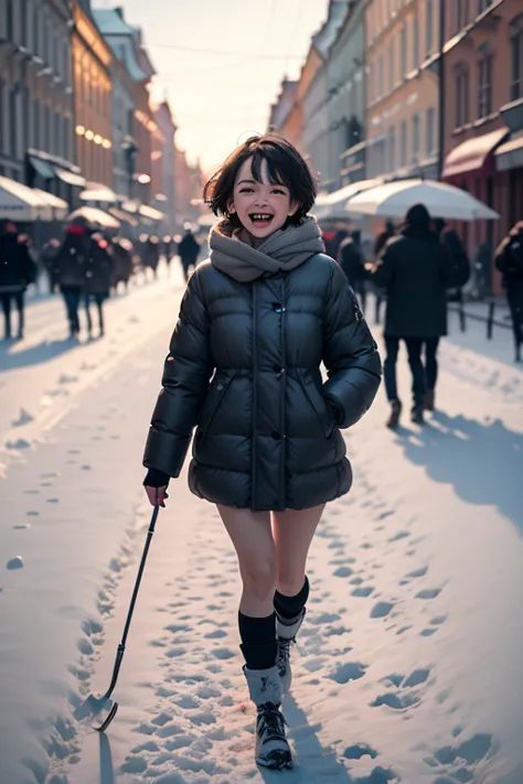  high quality,   8K Ultra HD,  Saint Petersburg,  girl with dark short hair,   grey eyes , girl walks around town in snow , winter,   New Year, clear lines,  movement, dynamics,    laughter fun   ,  holiday 