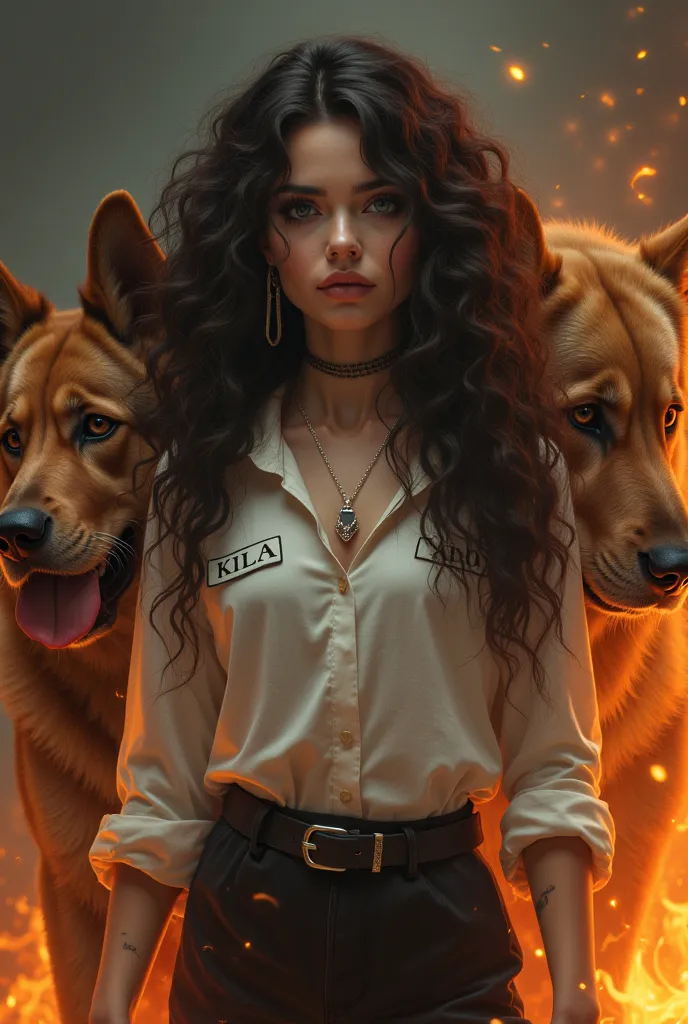 Beautiful woman with dark brown long hair with curls, light green eyes,  makeup with black eyeliner, earrings silver rings ,  white blouse with the inscription KILA,  black pants ,fire around the woman,  the woman holding a sharp knife, A large kangal dog ...