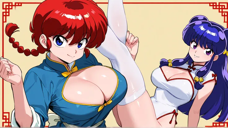 perfect eyes, an extremely busty  anime girl with a white skinsuit in the making, 2girls, multiple girls,  large breasts, white thighhighs, red hair, looking at viewer, cleavage, blue eyes, long hair, hime cut, perfect eyes, smile, white leotard,  ranma-ch...