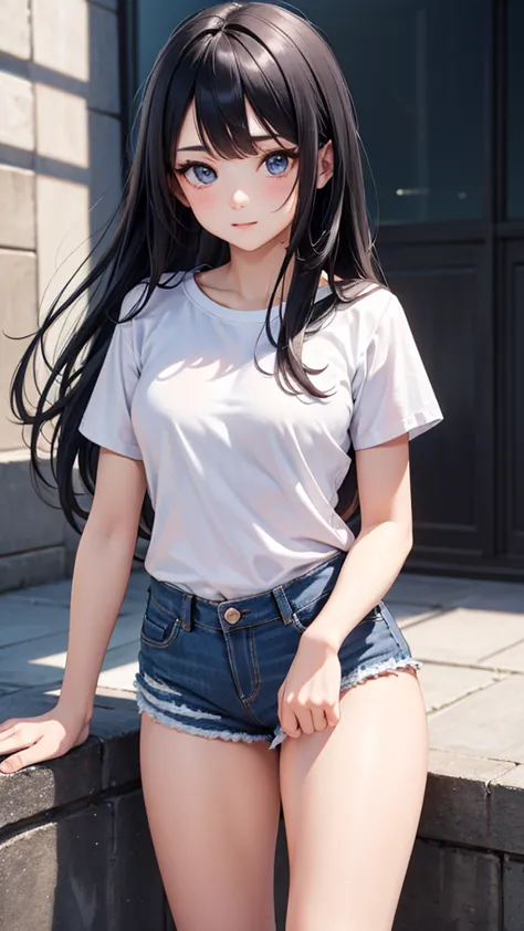 Beautiful and Cute Girl, Great Slim, Beautiful Face, Very Long Black Hair, White t-shirt, Denim Shorts, Standing, ultra - detailed, A high resolution, quality, ultrasharp, 8K, masterpiece, best quality, detailed, medium full shot, looking at viewer