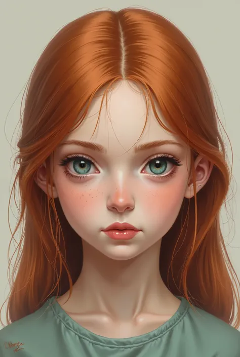 realistic drawing of smooth-haired young red-haired girl with teal eyes and serious face 