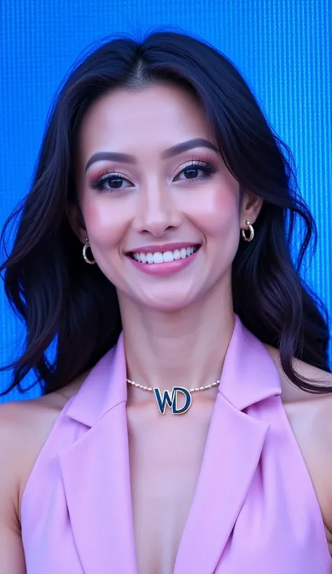 An elegant and smiling executive woman wearing a elegant blue suit, wearing a pendant with the letters 'WD', sitting, full body, Background: the reception of a modern law firm with the brand 'WD', well highlighted in the acrylic panel environment