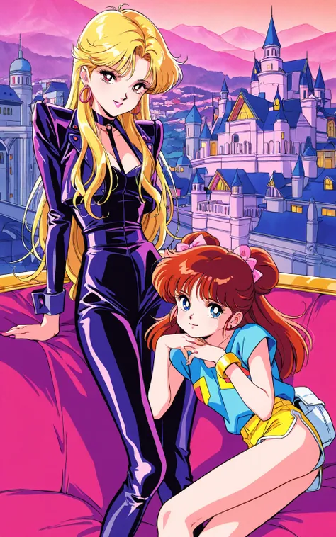 [gyaru:1.3], cool beauty, 2 women, onee-loli, long hair, slender body, rest, retro future Japan fashion, Japan_castle ,