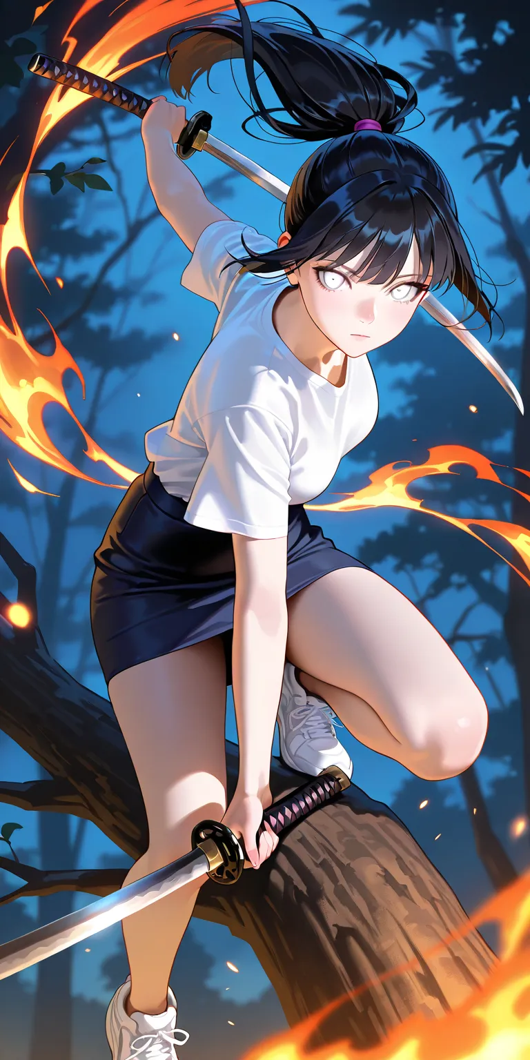 Masterpiece, newest, vibrant, very aesthetic, high contrast, mature woman, hinata hyuga, black hair, pony hair, straight hair, high ponytail long hair, white eyes, white t-shirts, dark blue platted mini skirt, white sneakers, full body, expressionless, sha...